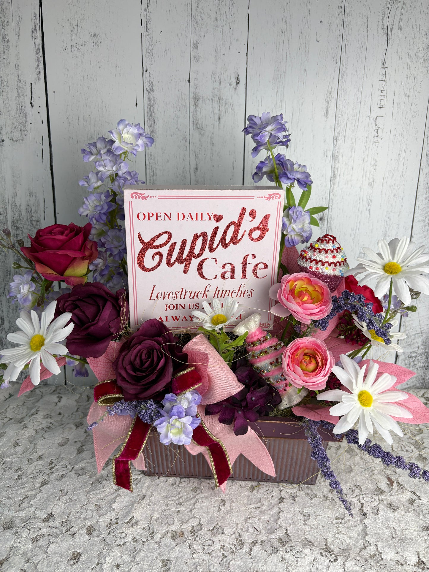 Cupid’s Café – Romantic Spring Floral Arrangement with Vintage-Inspired Sign