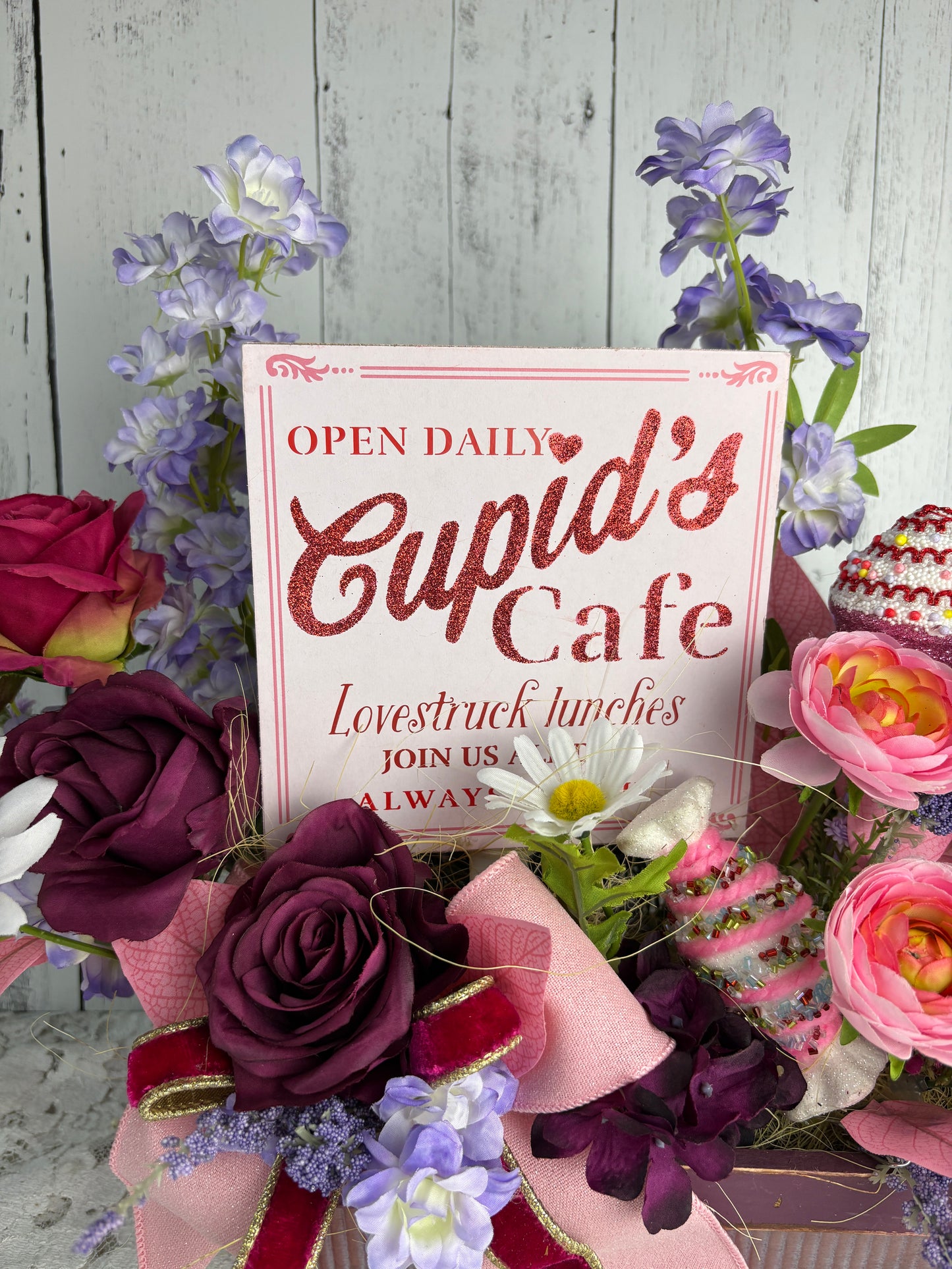 Cupid’s Café – Romantic Spring Floral Arrangement with Vintage-Inspired Sign