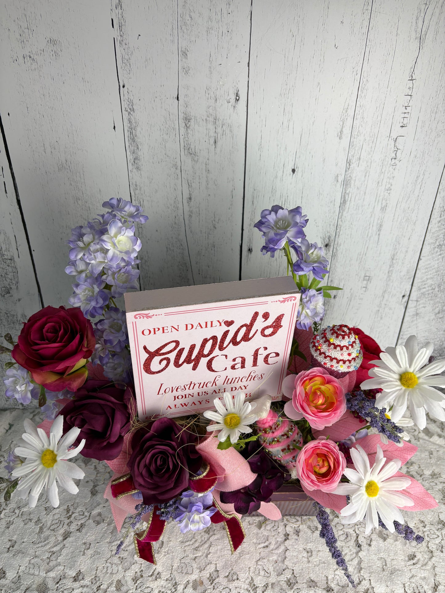 Cupid’s Café – Romantic Spring Floral Arrangement with Vintage-Inspired Sign