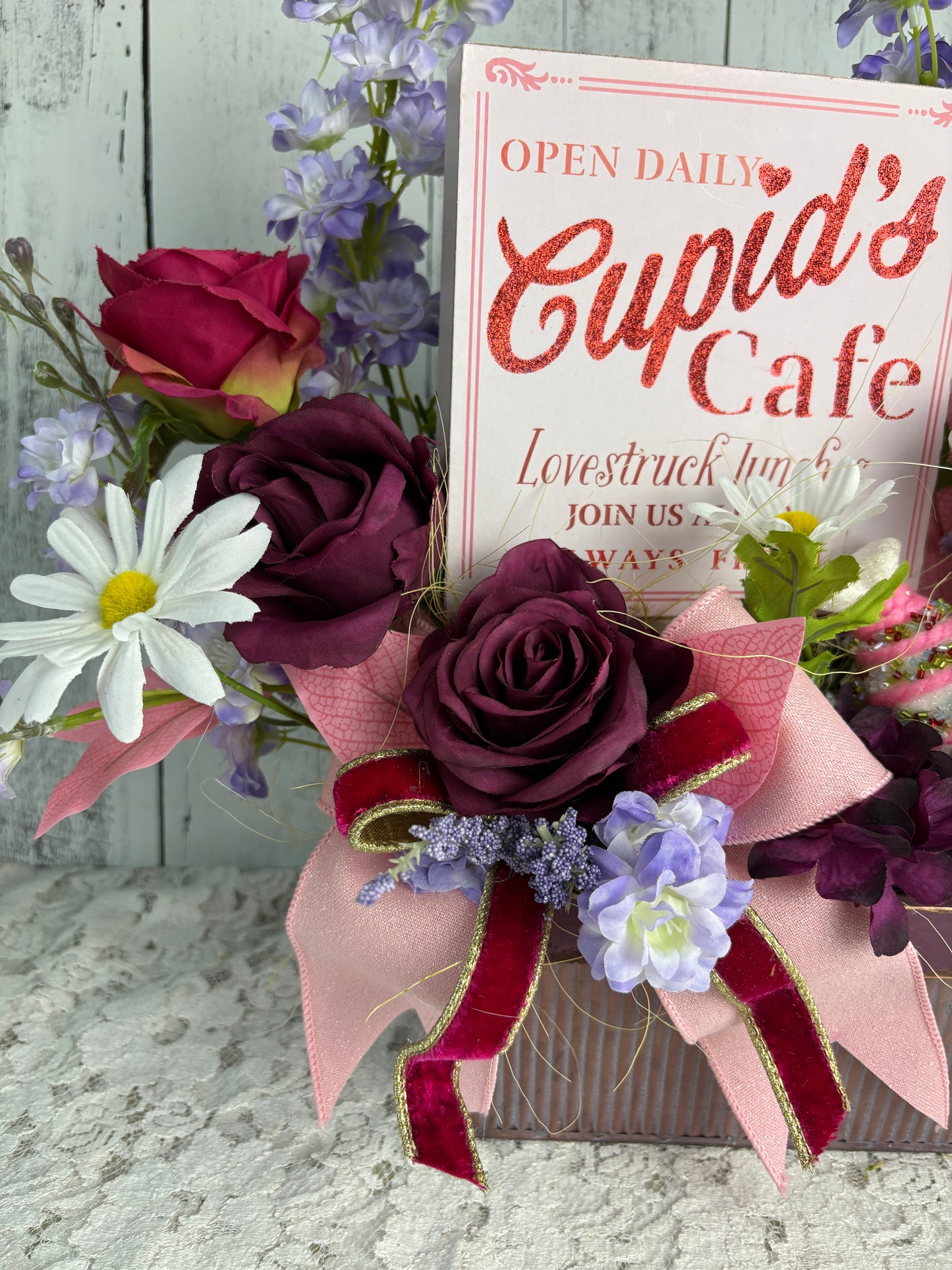 Cupid’s Café – Romantic Spring Floral Arrangement with Vintage-Inspired Sign