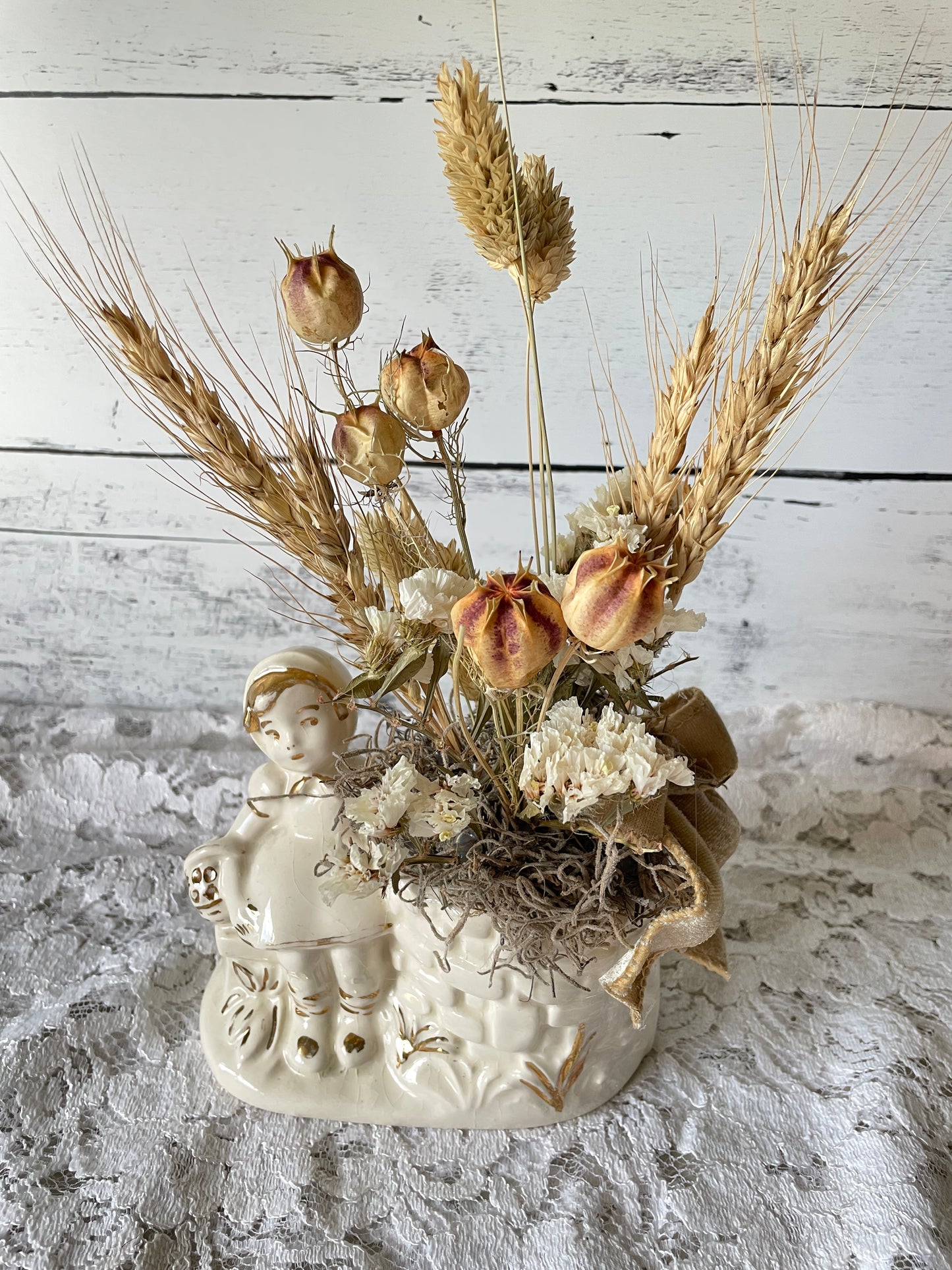 Vintage Girl Planter with Dried Floral Arrangement – Cottagecore & Rustic Home Decor