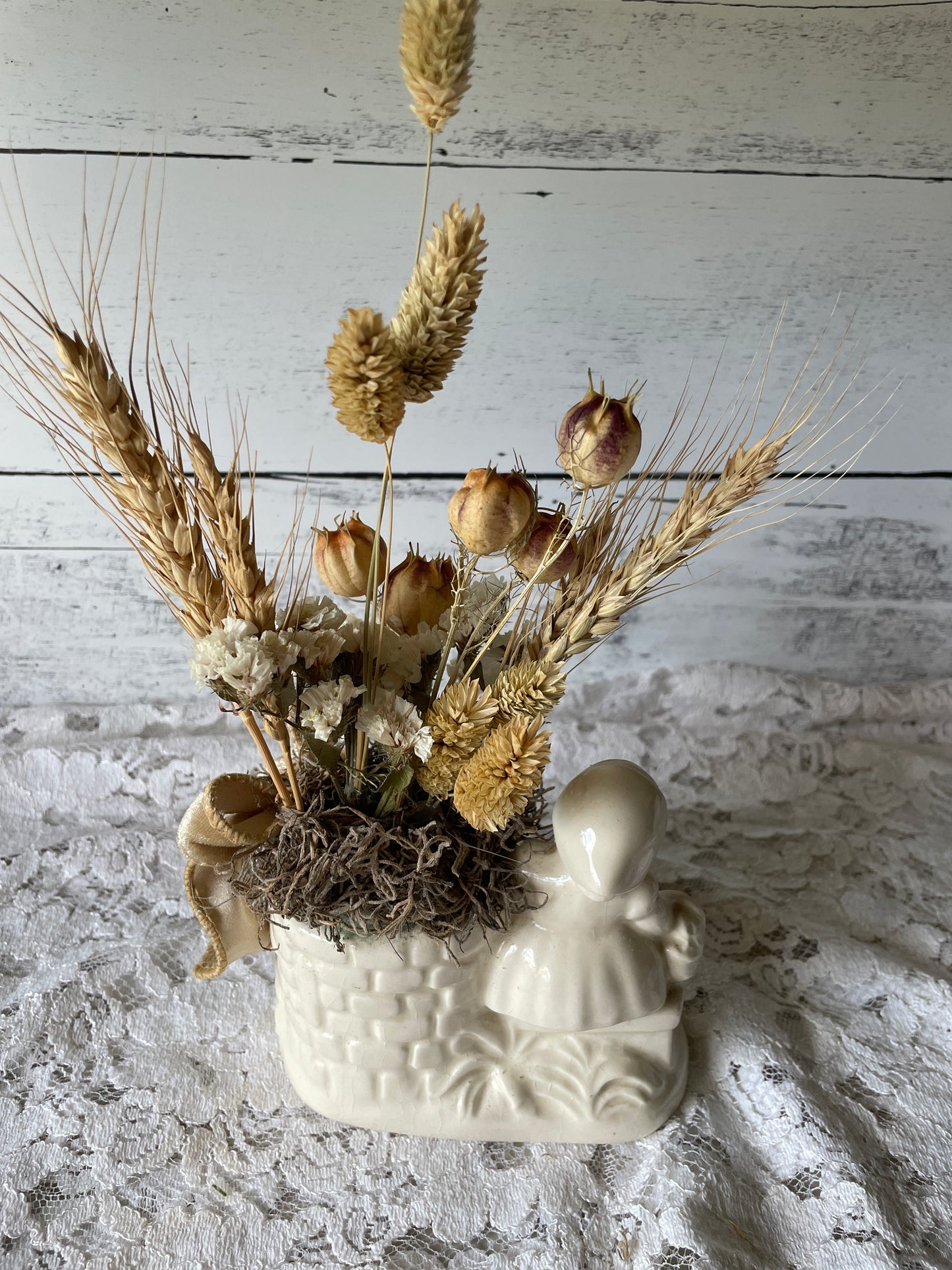 Vintage Girl Planter with Dried Floral Arrangement – Cottagecore & Rustic Home Decor