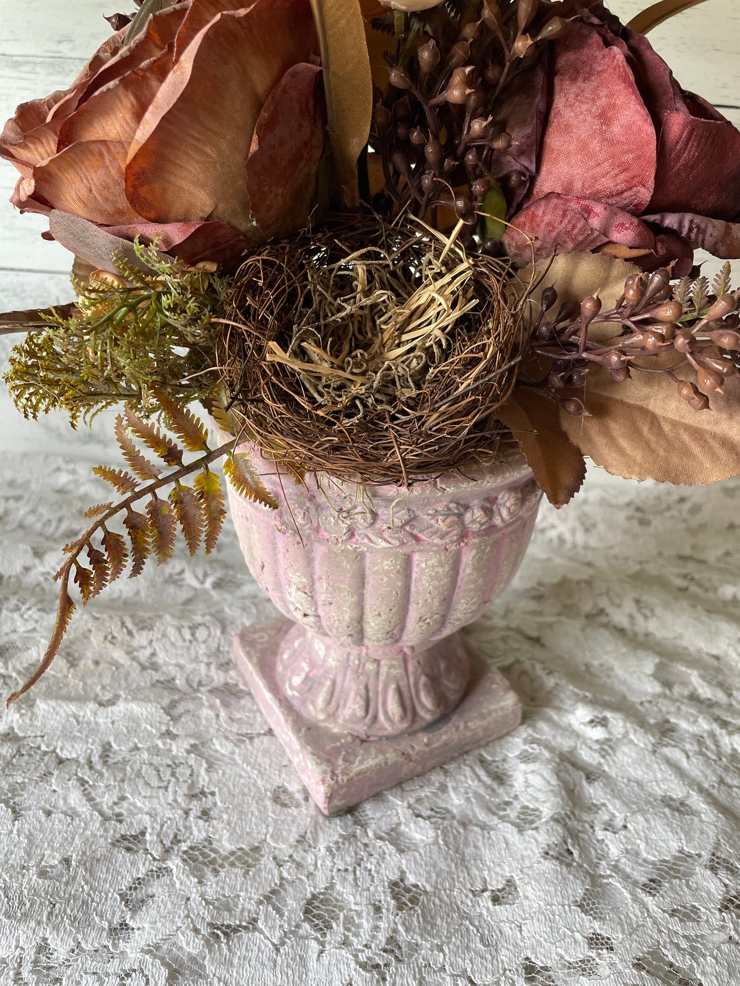 Romantic Fall Floral Urn with Bird Nest and Silk Blooms