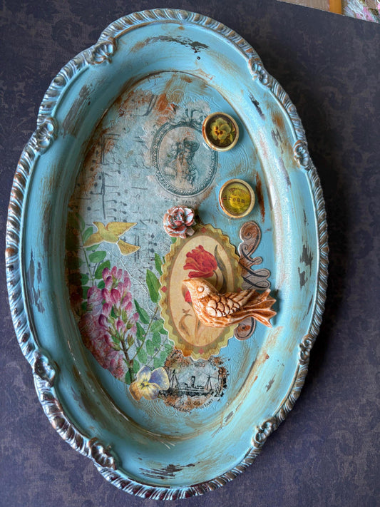 Garden Songbird Tray — Upcycled  Mixed-Media Decorative Art