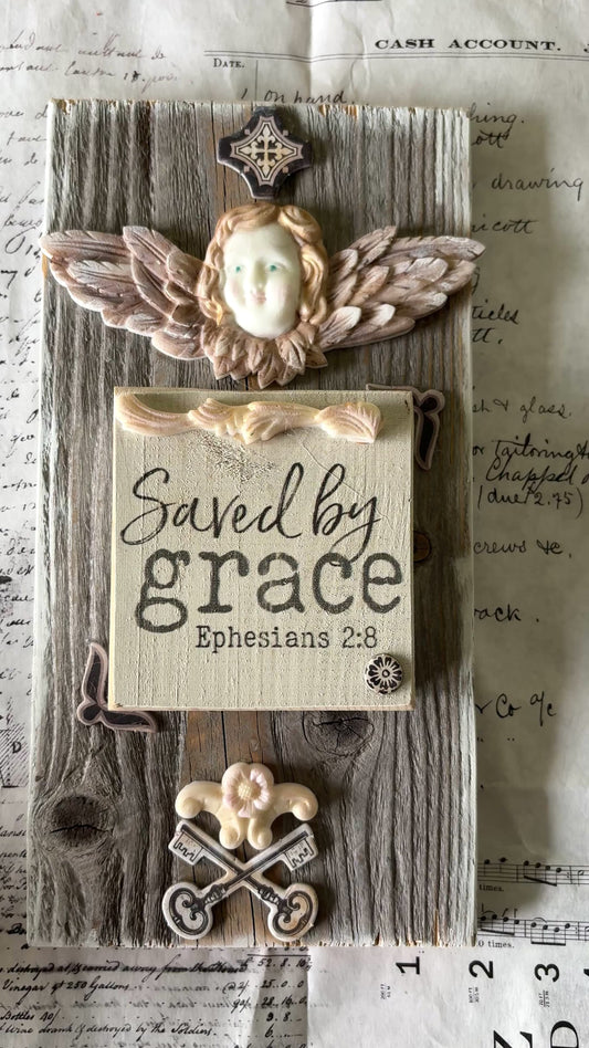 Saved by Grace – Mixed Media Faith-Inspired Wall Art on Rustic Wood