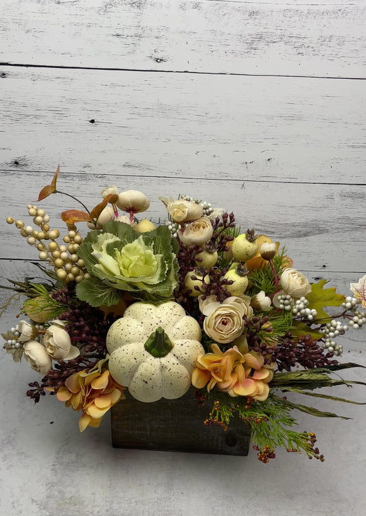 Neutral fall floral centerpiece, pumpkin and florals for autumn